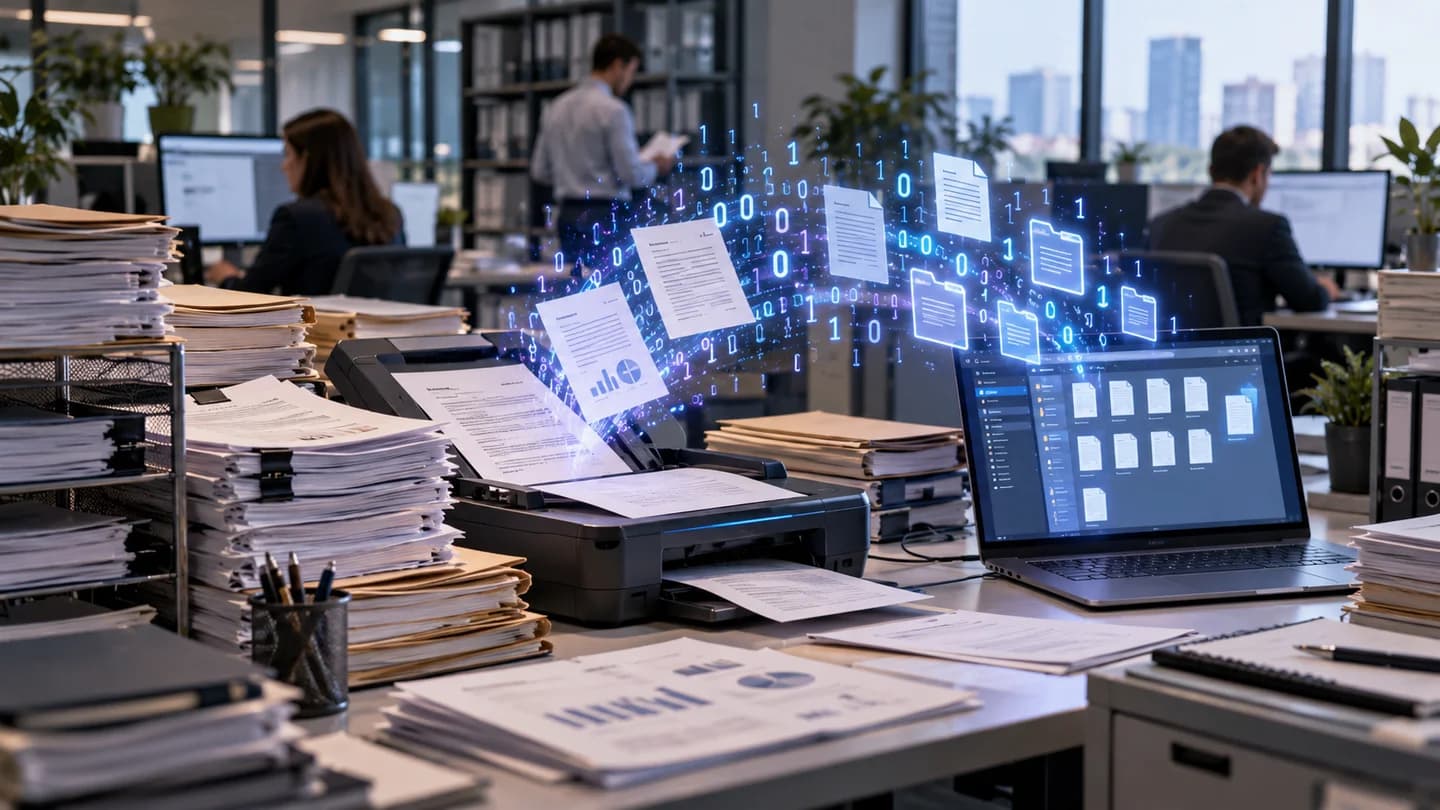 Ilustración de una oficina con documentos en papel, un escáner y un portátil, conectados mediante representaciones de archivos digitales.