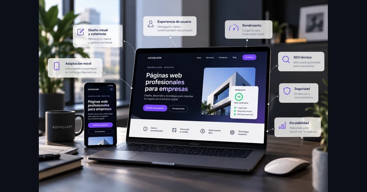 Portátil con una web profesional de ASIVQUARK en pantalla, junto a un móvil con su versión responsive.