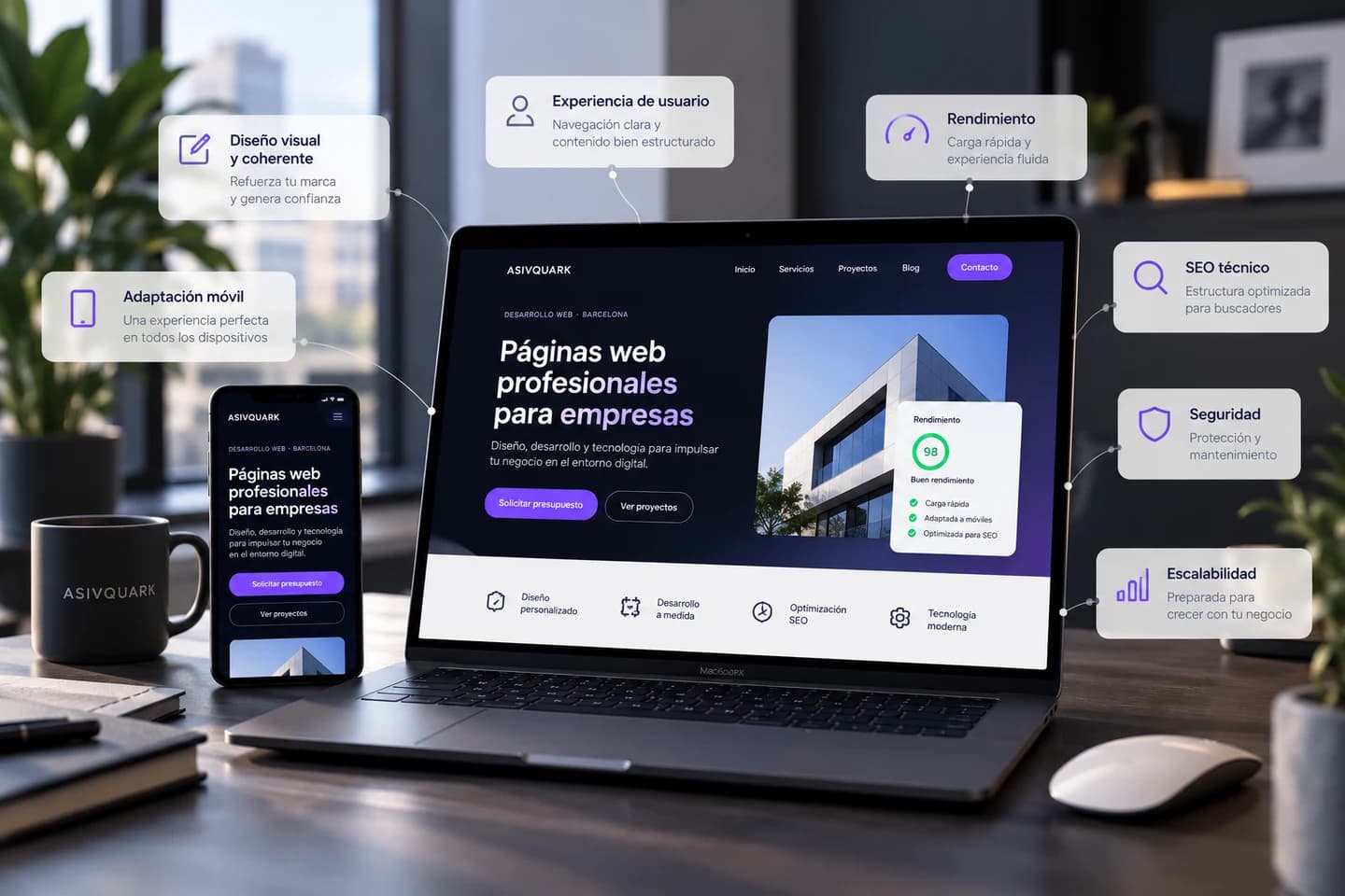 Portátil con una web profesional de ASIVQUARK en pantalla, junto a un móvil con su versión responsive.